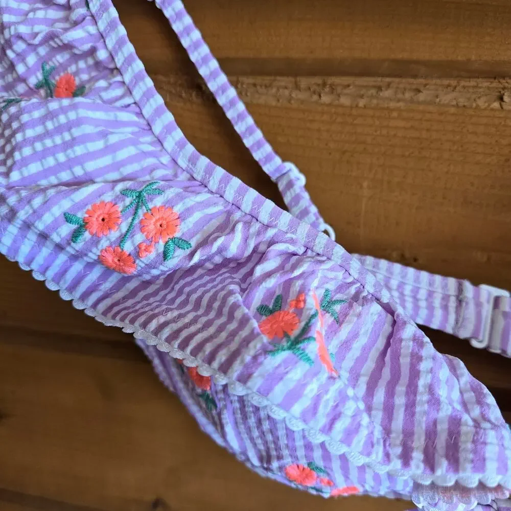 J. Crew Floral Pinstripe Bikini Top XXS Ruffled Embroidered Seersucker Purple